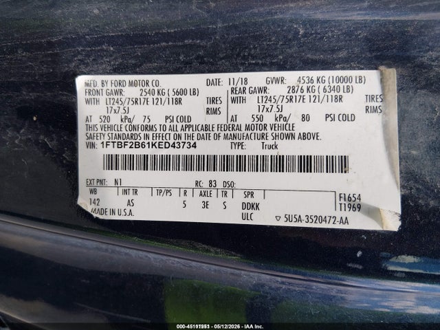 Aukcja sprzedaży 2019 Ford F-250 Xl, vin: 1FTBF2B61KED43734, numer aukcji: 45111951