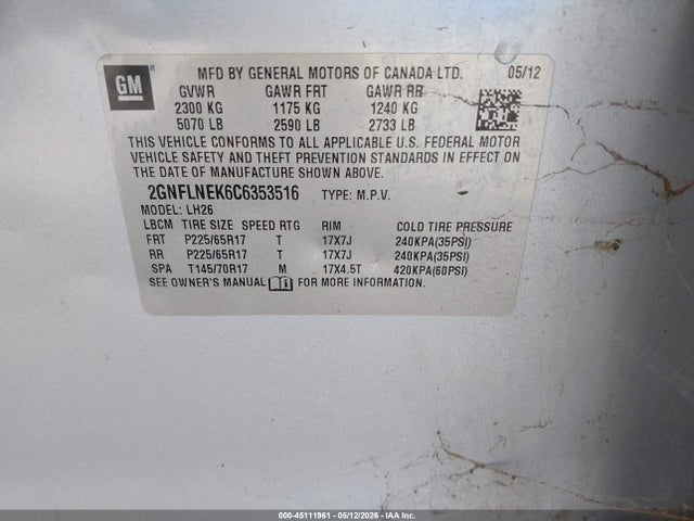 Продаж на аукціоні авто 2012 Chevrolet Equinox 2lt, vin: 2GNFLNEK6C6353516, номер лоту: 45111961
