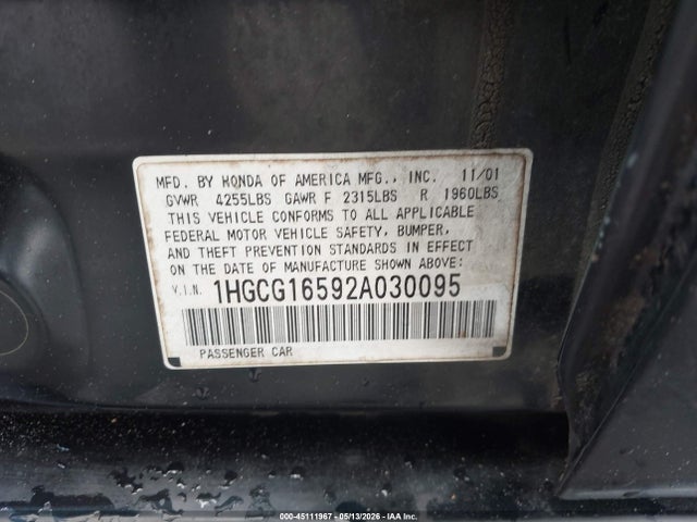Auction sale of the 2002 Honda Accord 3.0 Ex, vin: 1HGCG16592A030095, lot number: 45111967