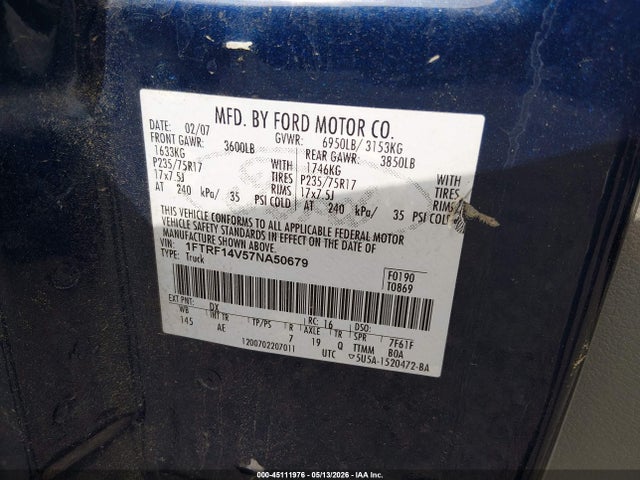 45111976 :رقم المزاد ، 1FTRF14V57NA50679 vin ، 2007 Ford F-150 Fx4/xl/xlt مزاد بيع