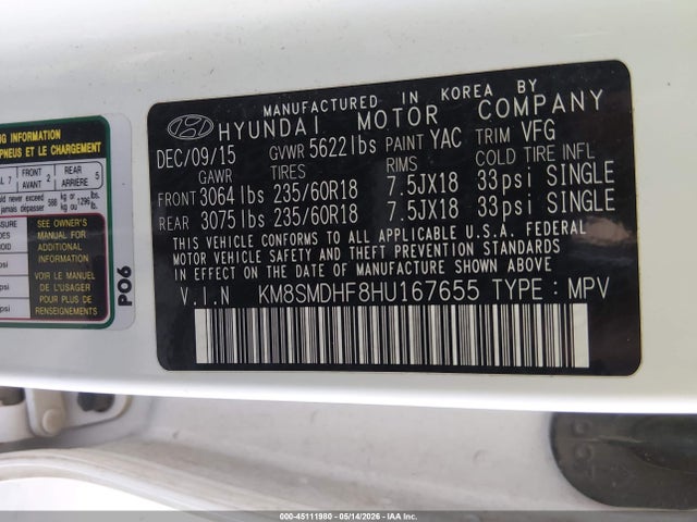 KM8SMDHF8HU167655 Hyundai Santa Fe Se