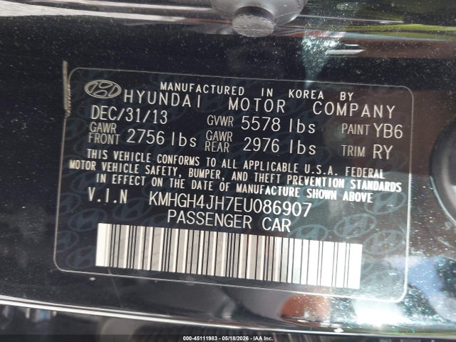 45111983 :رقم المزاد ، KMHGH4JH7EU086907 vin ، 2014 Hyundai Equus Signature مزاد بيع