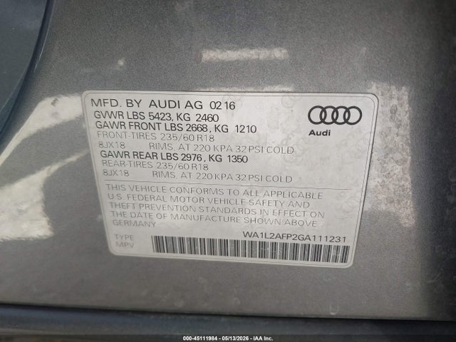 2016 Audi Q5 2.0t Premium მანქანა იყიდება აუქციონზე, vin: WA1L2AFP2GA111231, აუქციონის ნომერი: 45111984