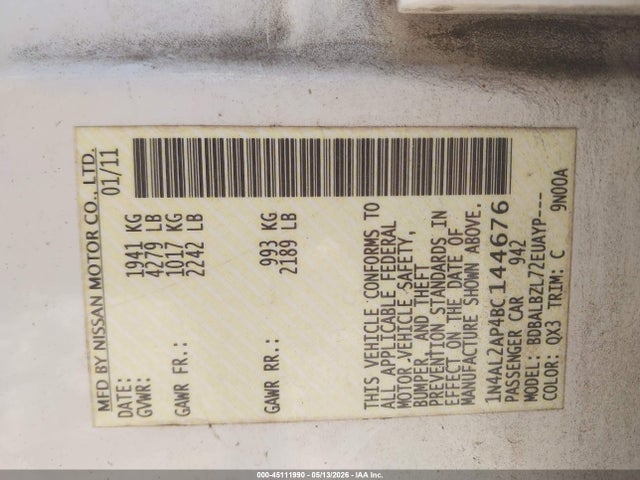 Aukcja sprzedaży 2011 Nissan Altima 2.5 S, vin: 1N4AL2AP4BC144676, numer aukcji: 45111990