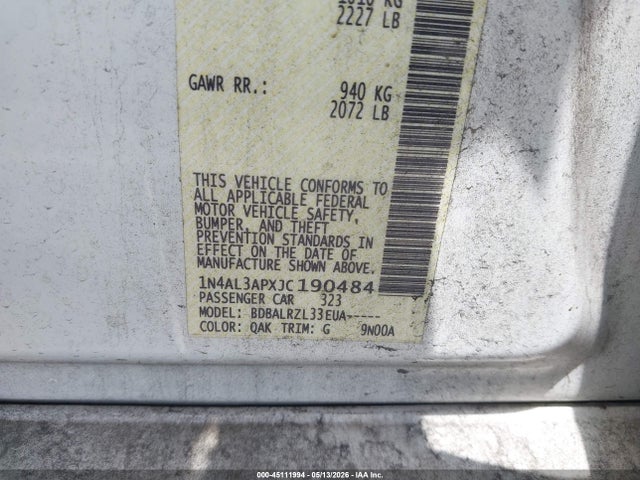 45111994 :رقم المزاد ، 1N4AL3APXJC190484 vin ، 2018 Nissan Altima 2.5 Sl مزاد بيع