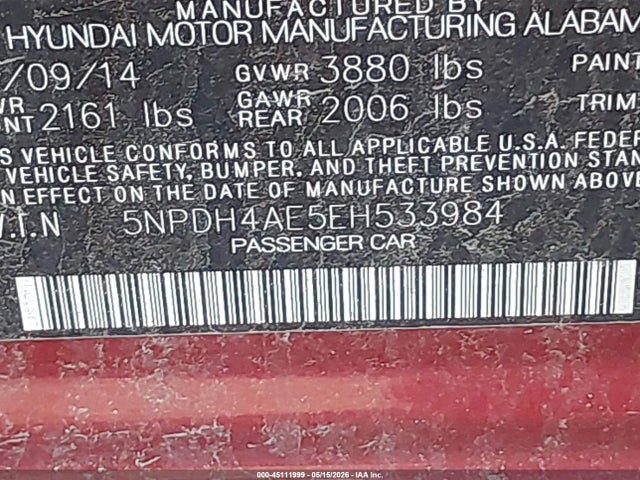 Aukcja sprzedaży 2014 Hyundai Elantra Se, vin: 5NPDH4AE5EH533984, numer aukcji: 45111999