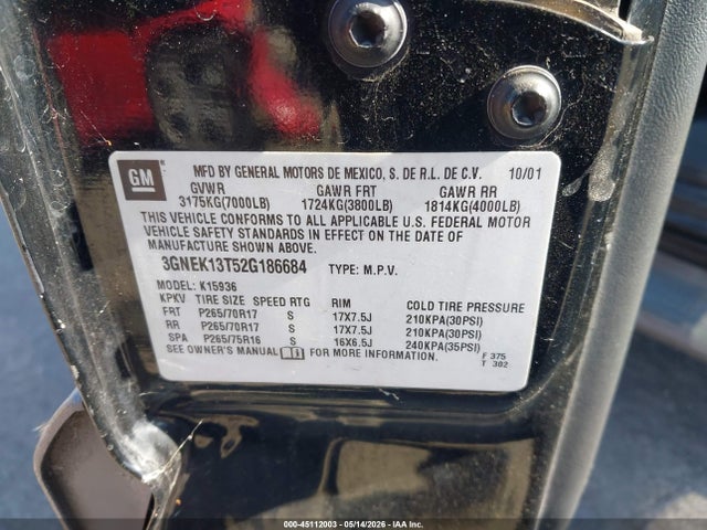 Auction sale of the 2002 Chevrolet Avalanche 1500, vin: 3GNEK13T52G186684, lot number: 45112003