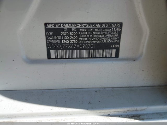 45112012 :رقم المزاد ، WDDDJ77X67A098701 vin ، 2007 Mercedes-benz Cls 63 Amg مزاد بيع