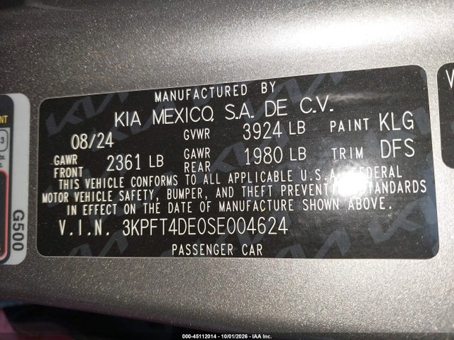 2025 Kia K4 Lxs მანქანა იყიდება აუქციონზე, vin: 3KPFT4DE0SE004624, აუქციონის ნომერი: 45112014