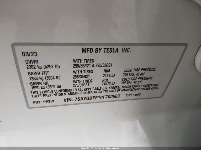 Продаж на аукціоні авто 2023 Tesla Model Y Performance Dual Motor All-wheel Drive, vin: 7SAYGDEF1PF700983, номер лоту: 45112021