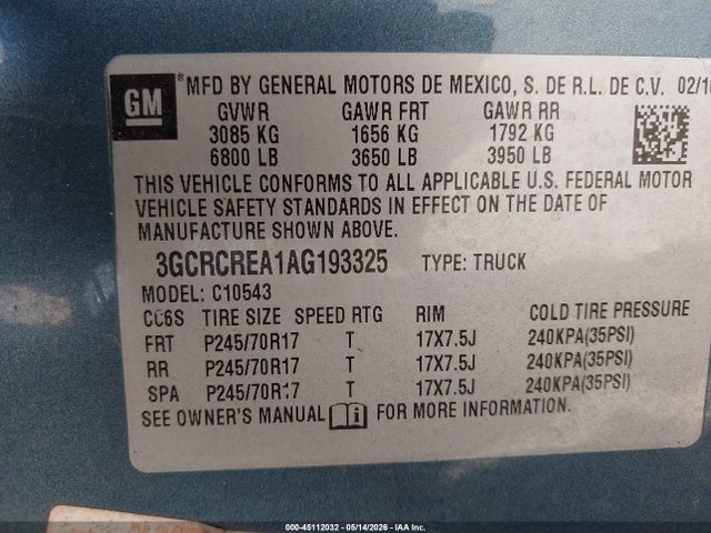 45112032 :رقم المزاد ، 3GCRCREA1AG193325 vin ، 2010 Chevrolet Silverado 1500 Ls مزاد بيع