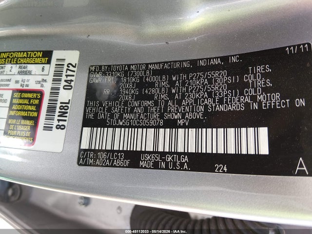 Aukcja sprzedaży 2012 Toyota Sequoia Limited 5.7l V8, vin: 5TDJW5G10CS059078, numer aukcji: 45112033