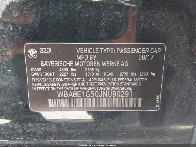 2018 Bmw 320i მანქანა იყიდება აუქციონზე, vin: WBA8E1G50JNU90291, აუქციონის ნომერი: 45112038
