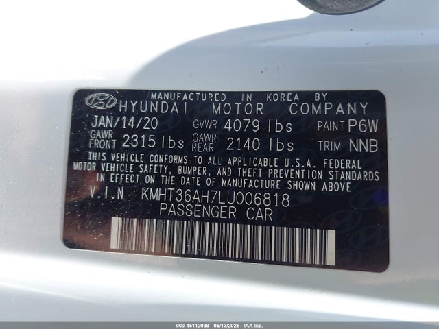 45112039 :رقم المزاد ، KMHT36AH7LU006818 vin ، 2020 Hyundai Veloster N مزاد بيع