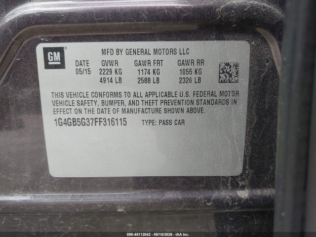 45112042 :رقم المزاد ، 1G4GB5G37FF316115 vin ، 2015 Buick Lacrosse Leather مزاد بيع