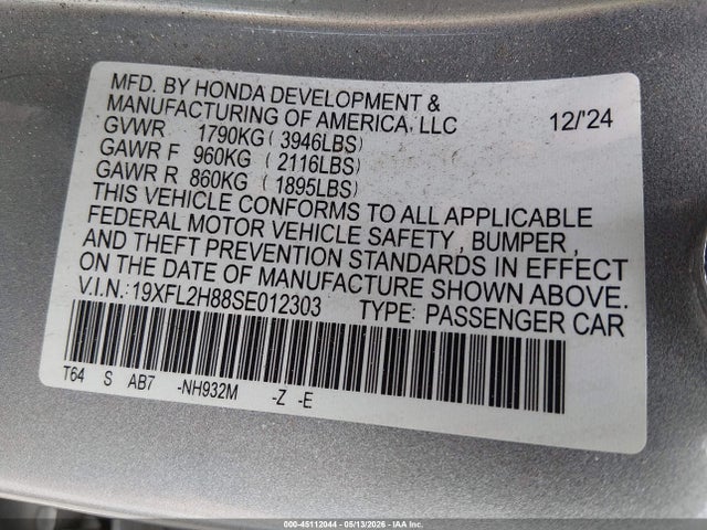 45112044 :رقم المزاد ، 19XFL2H88SE012303 vin ، 2025 Honda Civic Sedan Sport مزاد بيع