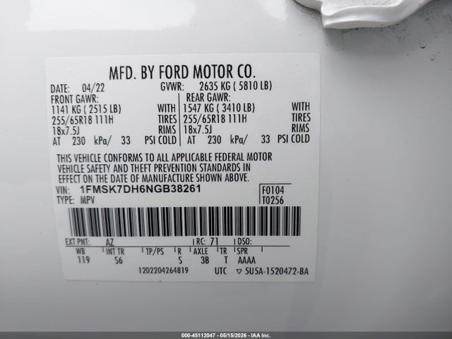 Ford EXPLORER XLT 2022 1FMSK7DH6NGB38261 Image 9