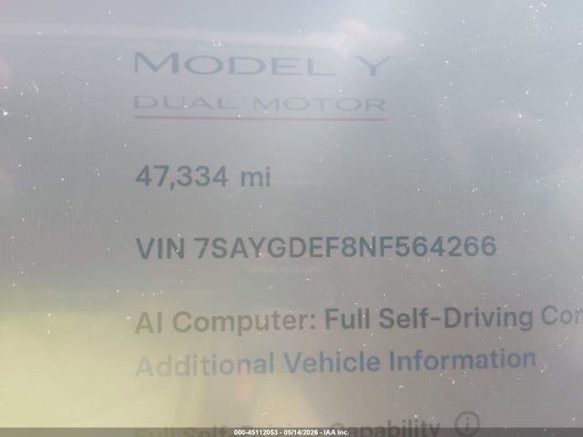 Продажа на аукционе авто 2022 Tesla Model Y Performance Dual Motor All-wheel Drive, vin: 7SAYGDEF8NF564266, номер лота: 45112053
