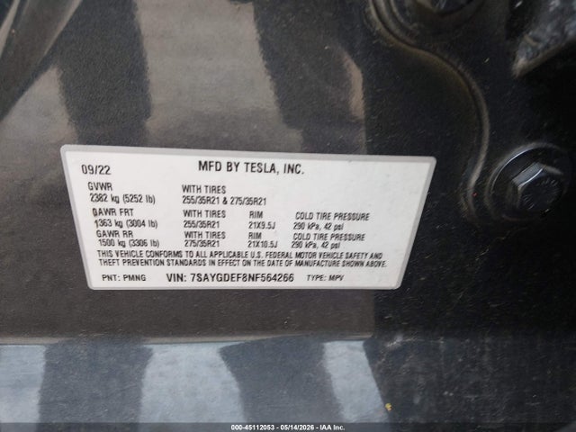 Продажа на аукционе авто 2022 Tesla Model Y Performance Dual Motor All-wheel Drive, vin: 7SAYGDEF8NF564266, номер лота: 45112053
