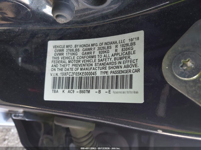 Продажа на аукционе авто 2019 Honda Civic Lx, vin: 19XFC2F65KE000045, номер лота: 45112063
