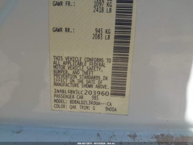 1N4BL4BV3LC203960 Nissan Altima S Fwd