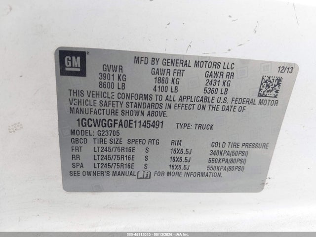 Продаж на аукціоні авто 2014 Chevrolet Express 2500 Work Van, vin: 1GCWGGFA0E1145491, номер лоту: 45112080