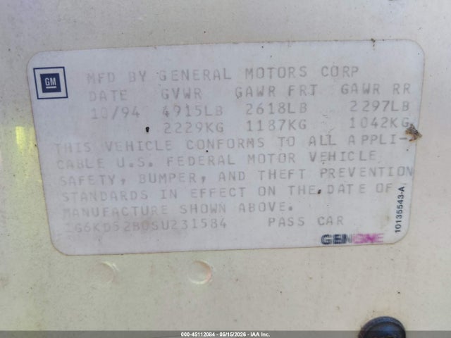 1995 Cadillac Deville მანქანა იყიდება აუქციონზე, vin: 1G6KD52B0SU231584, აუქციონის ნომერი: 45112084