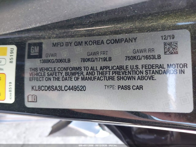 45112088 :رقم المزاد ، KL8CD6SA3LC449520 vin ، 2020 Chevrolet Spark Fwd 1lt Automatic مزاد بيع