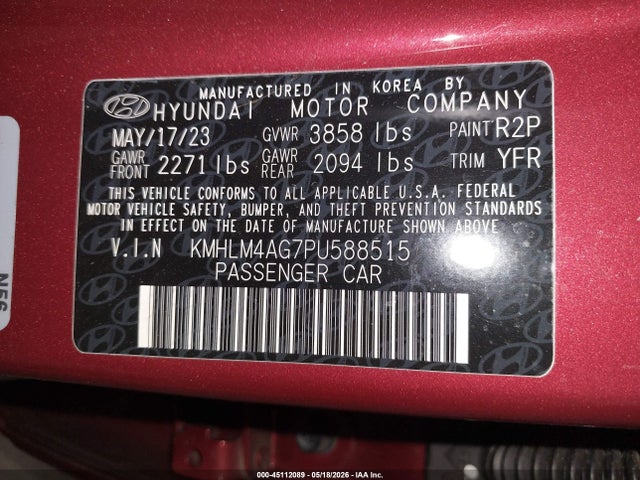 Продаж на аукціоні авто 2023 Hyundai Elantra Sel, vin: KMHLM4AG7PU588515, номер лоту: 45112089