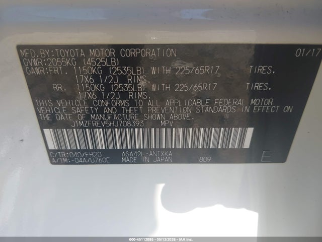 Aukcja sprzedaży 2017 Toyota Rav4 Le, vin: JTMZFREV5HJ708393, numer aukcji: 45112095