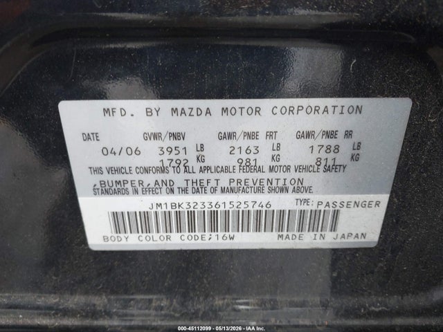 Продаж на аукціоні авто 2006 Mazda Mazda3 S Touring, vin: JM1BK323361525746, номер лоту: 45112099