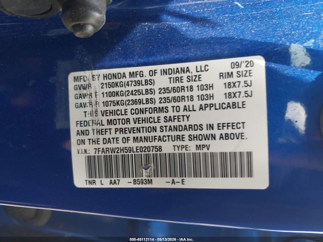 Продаж на аукціоні авто 2020 Honda Cr-v Awd Ex, vin: 7FARW2H59LE020758, номер лоту: 45112114