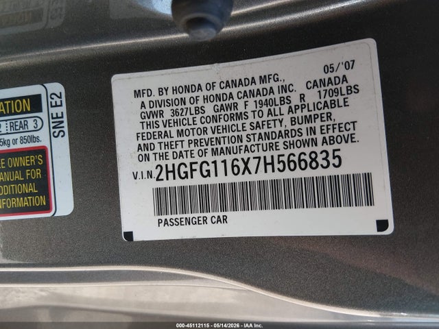 45112115 :رقم المزاد ، 2HGFG116X7H566835 vin ، 2007 Honda Civic Lx مزاد بيع