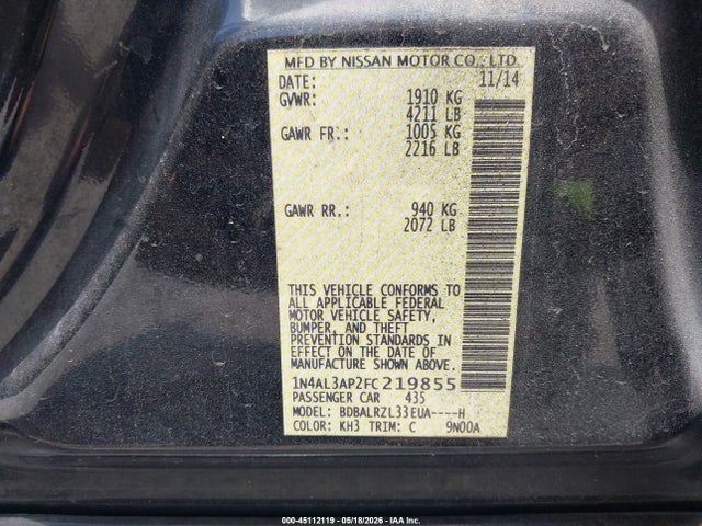Aukcja sprzedaży 2015 Nissan Altima 2.5/2.5 S/2.5 Sl/2.5 Sv, vin: 1N4AL3AP2FC219855, numer aukcji: 45112119