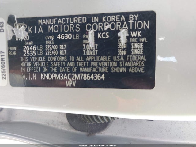 45112128 :رقم المزاد ، KNDPM3AC2M7864364 vin ، 2021 Kia Sportage Lx مزاد بيع