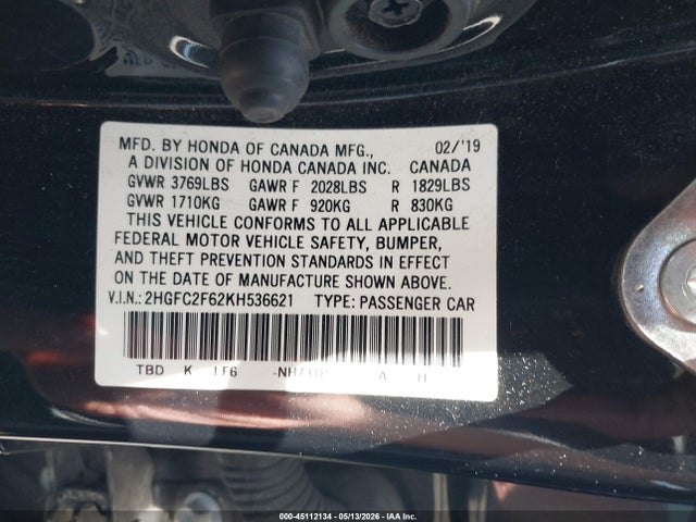 Honda Civic Lx 2019 2HGFC2F62KH536621 Image 9