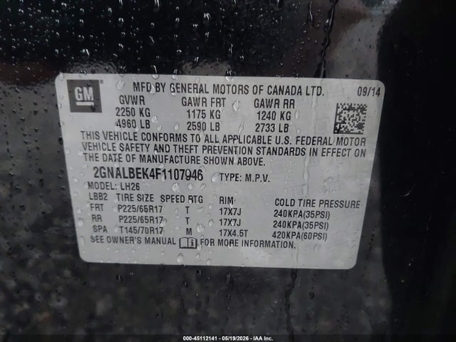 Продаж на аукціоні авто 2015 Chevrolet Equinox 1lt, vin: 2GNALBEK4F1107946, номер лоту: 45112141