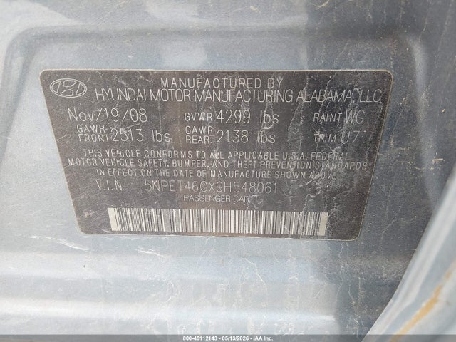 2009 Hyundai Sonata Gls მანქანა იყიდება აუქციონზე, vin: 5NPET46CX9H548061, აუქციონის ნომერი: 45112143