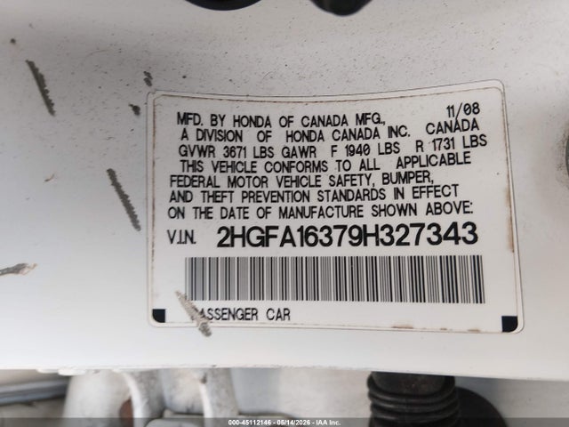 2009 Honda Civic Vp მანქანა იყიდება აუქციონზე, vin: 2HGFA16379H327343, აუქციონის ნომერი: 45112146