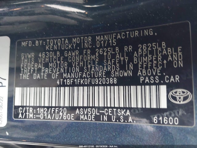45112150 :رقم المزاد ، 4T1BF1FK0FU920388 vin ، 2015 Toyota Camry Se مزاد بيع