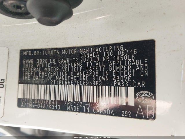 Продажа на аукционе авто 2016 Toyota Corolla Le, vin: 2T1BURHE7GC695983, номер лота: 45112152