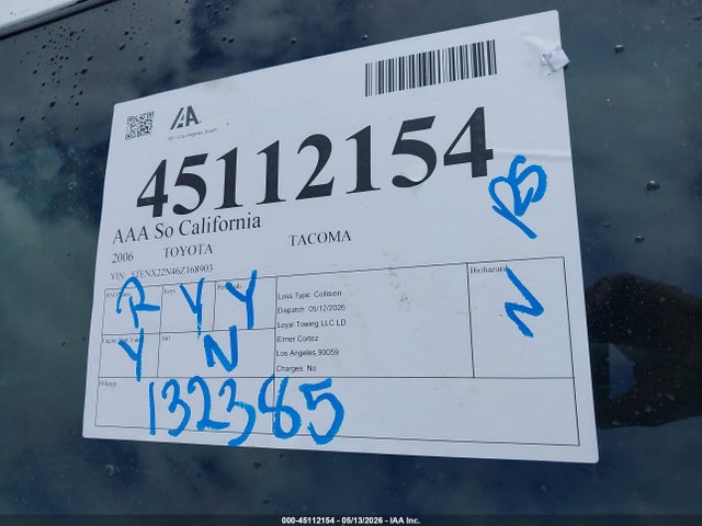 2006 Toyota Tacoma მანქანა იყიდება აუქციონზე, vin: 5TENX22N46Z168903, აუქციონის ნომერი: 45112154
