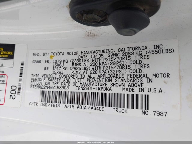 2006 Toyota Tacoma მანქანა იყიდება აუქციონზე, vin: 5TENX22N46Z168903, აუქციონის ნომერი: 45112154