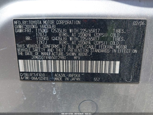 Aukcja sprzedaży 2006 Toyota Rav4 Limited, vin: JTMZD31V465012980, numer aukcji: 45112155