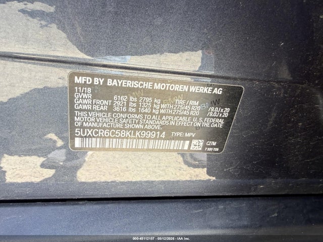 Auction sale of the 2019 Bmw X5 Xdrive40i, vin: 5UXCR6C58KLK99914, lot number: 45112157