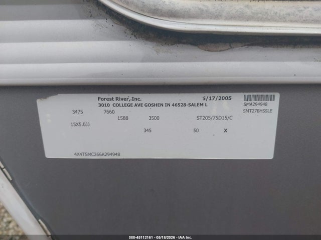 45112161 :رقم المزاد ، 4X4TSMC266A294948 vin ، 2005 Forest River Salem مزاد بيع