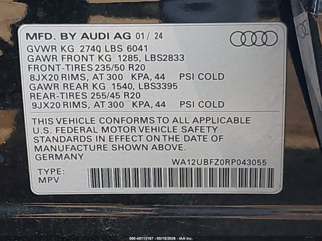 45112167 :رقم المزاد ، WA12UBFZ0RP043055 vin ، 2024 Audi Q4 Sportback E-tron Premium 55 Quattro مزاد بيع