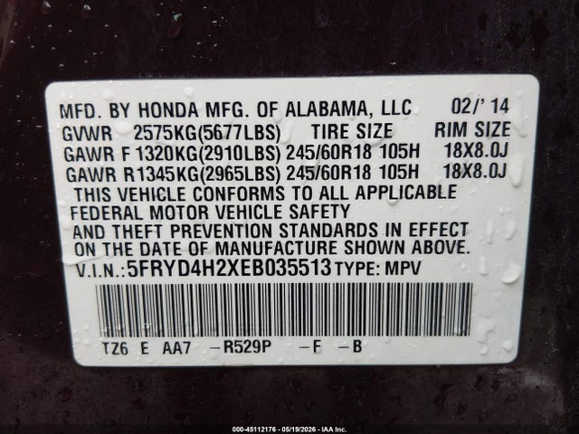 45112176 :رقم المزاد ، 5FRYD4H2XEB035513 vin ، 2014 Acura Mdx مزاد بيع