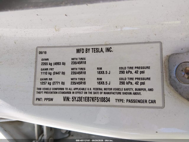 Aukcja sprzedaży 2019 Tesla Model 3 Long Range/performance, vin: 5YJ3E1EB7KF510834, numer aukcji: 45112181