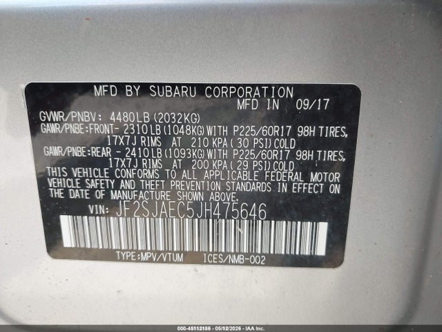 45112186 :رقم المزاد ، JF2SJAEC5JH475646 vin ، 2018 Subaru Forester 2.5i Premium مزاد بيع